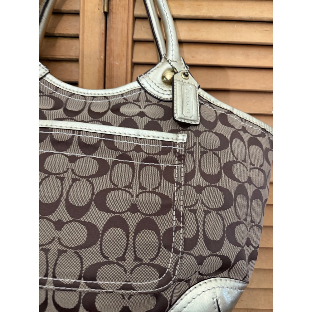 Coach Bleeker Khaki Signature Jacquard/Gold Patent Leather Tote Shoulder Bag - Picture 9 of 11